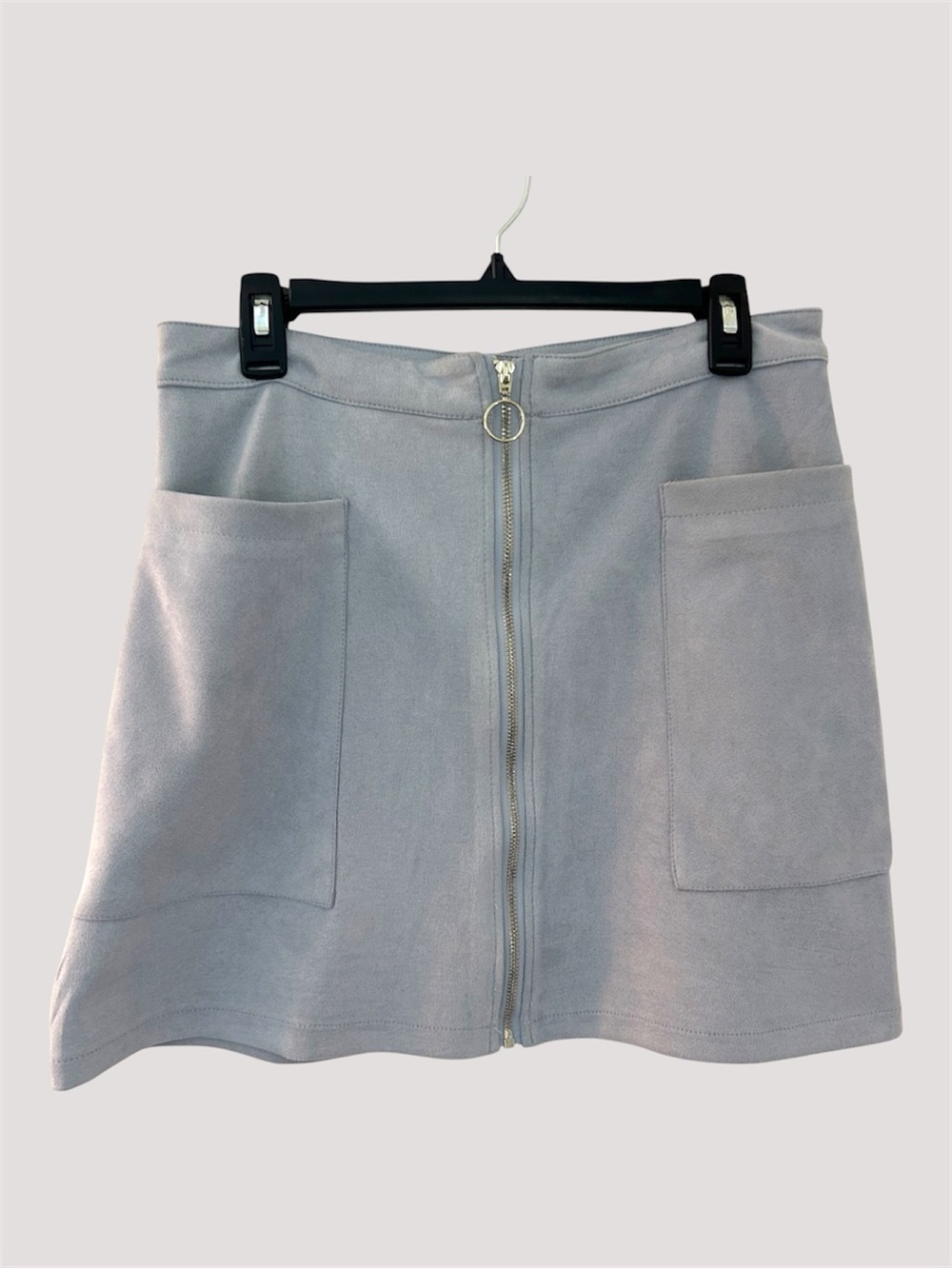 Light Blue Suede-Look Mini Skirt with Front Zip & Patch Pockets